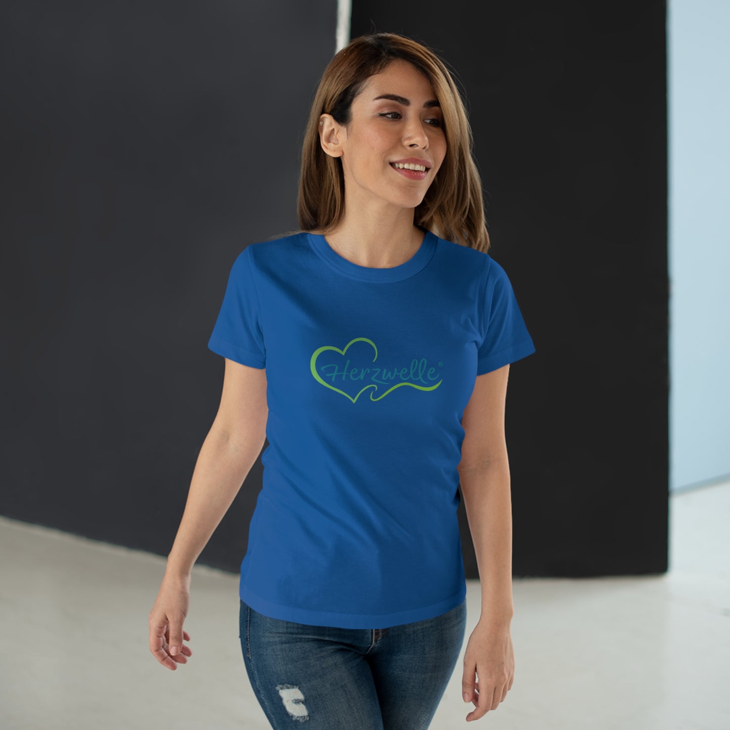 T-Shirt Frauen Single Jersey "Herzwelle - Herzbaum" Logo grün & blau
